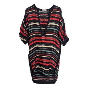 Isabel Marant Black Striped V-Neck Tunic with Red and Teal Accents